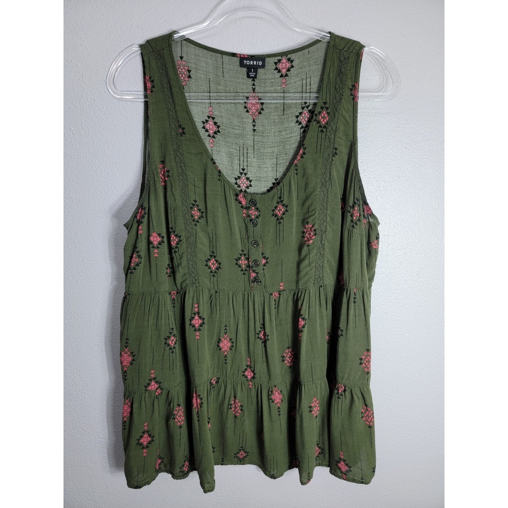 Torrid Womens 1X Tank Top Olive Green Tiered Boho Tribal Rayon Sleeveless - Picture 2 of 7
